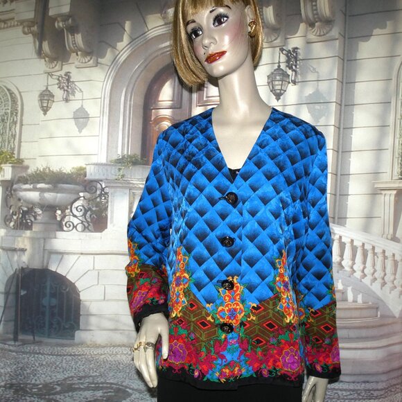 Anne Crimmins Silk Blazer Jacket Silk Lined Sz 16 Blue with Rainbow Color Design - Picture 8 of 9